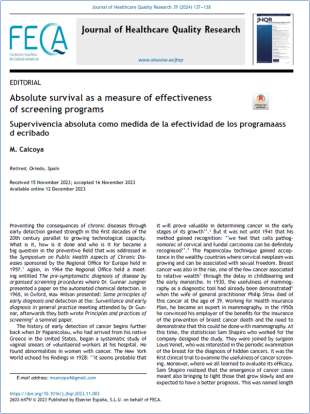 📰 Absolute survival as a measure of effectiveness of screening programs ✏️Editorial by M Caicoya in @JHealthQualityR #RevistaSECA #JHQR 👉 bit.ly/4bxSwfU ✅ #QualityHealthcare #chronicdiseases #cancerdetection #AbsoluteSuvival #effectiveness #screeningprograms