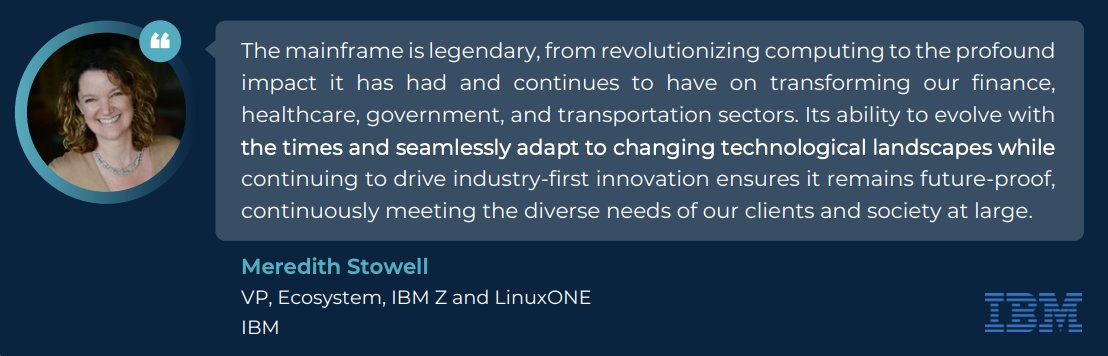 'The #mainframe is legendary...' - @IBM's @stowellme If this isn't enough to persuade you - Meredith and several other industry leaders share their thoughts in this @OpenMFProject #whitepaper. Read it or download it here: hubs.la/Q02xb5220 @linuxfoundation