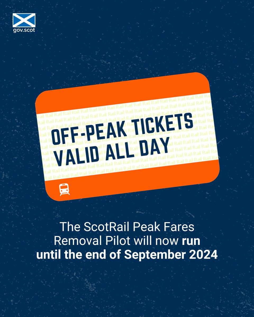 Off-peak @ScotRail tickets will continue to be valid all day, until the end of September 2024. First Minister @JohnSwinney announced that the Peak Fares Removal Pilot will run until the end of September 2024. For more information, visit: transport.gov.scot/news/peak-rail…