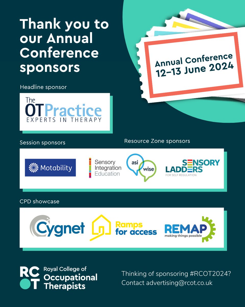 Say hello to our #RCOT2024 sponsors! 👋🏾
⭐ Headline sponsor: @theotpractice
⭐ Session sponsors: @MotabilityOps and @SINetwork.
⭐ Resource zone sponsors: @asi_wise and @sensoryladders.
⭐ CPD showcase: @CygnetGroup, @RampsforAccess and @RemapUK.