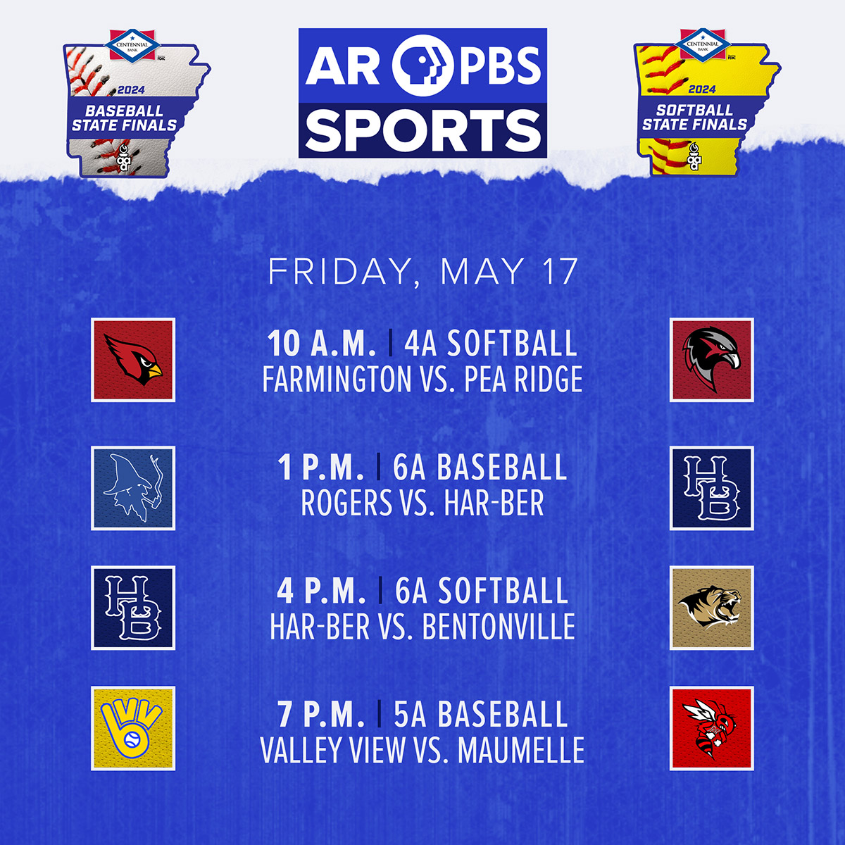 Get ready to swing for the fences! #ARPBSSports is back for day two of the 2024 @ArkActAssn High School Baseball and Softball State Championships starting at 10 a.m.! 📺 Tune in for 4A, 6A and 5A games, and check out how you can see it with us at myarpbs.org/waystowatch.