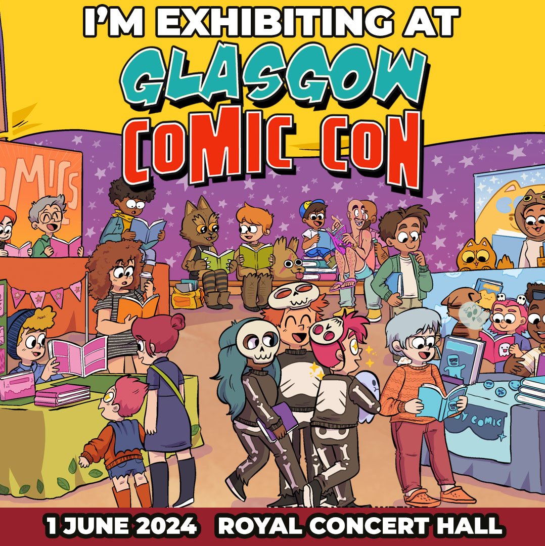 Excited to be exhibiting at @glasgowcomiccon on Sat 1st June 😍📚 I'll have my new stuff with me -plus my books, prints, stickers, pins & moar! I'll be in the Artist Alley in Lomond Foyer at L14 I'll also be taking part in a stamp rally organised by @Schnumn 😍 #comiccon