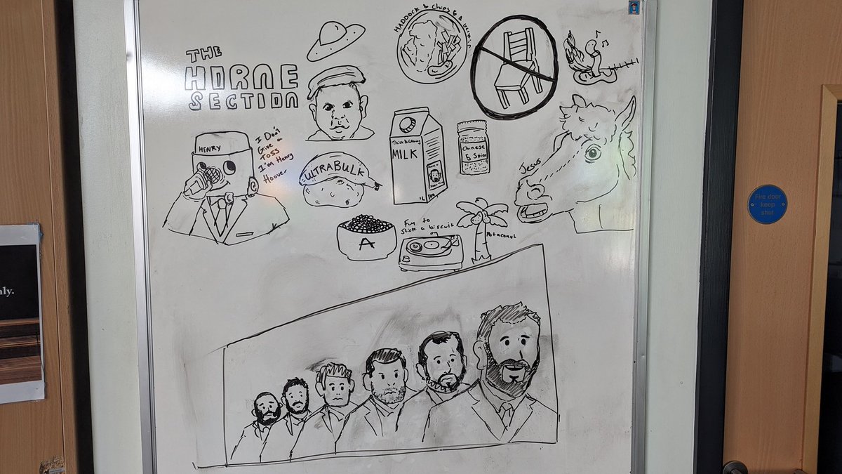 The mini @hornesection mural from the whiteboard today ft the decreasing in quality members at the bottom there.