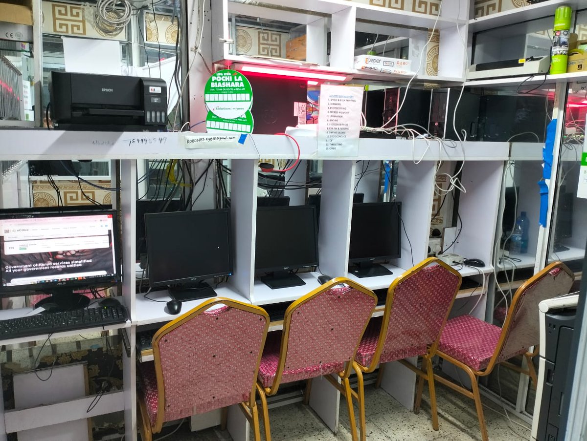 GhaflaKenya's tweet photo. Fully functional and very profitable Cyber on sale in Nairobi CBD

The cyber is equipped with
1. 5 complete set up Computers which are operational
2. Printer
3. Binding combiner
4. Lamination machine 
5. Cutter
The shop has an Mpesa which does so well if you have enough float
The shop is located in the middle of Nairobi CBD and provides opportunities for expansion or doing other business if you wish
REASON FOR SALE IS THAT I AM RELOCATING OUT TO THE UNITED STATES

Contact details 0705299550 for price and viewing...