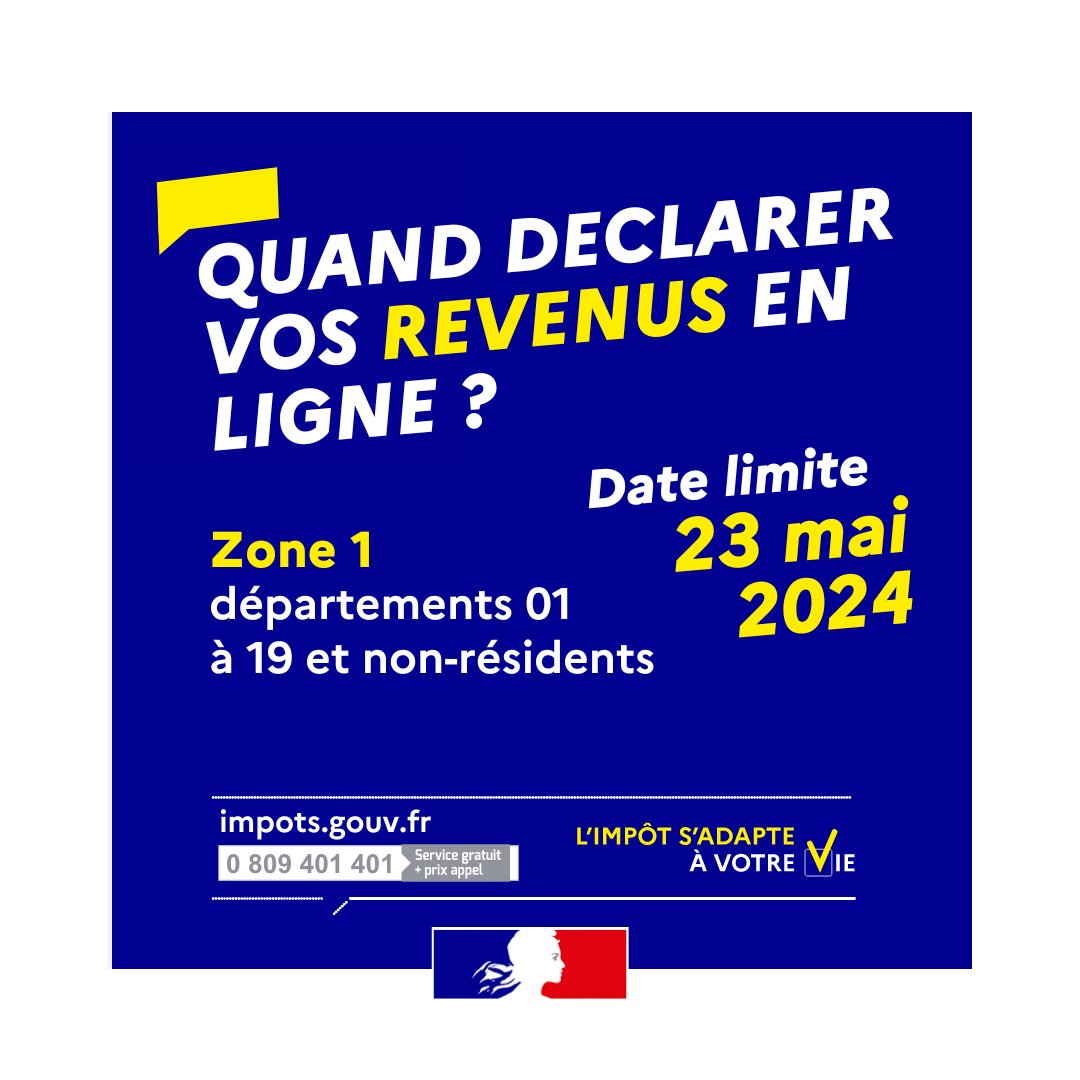 📆#Calendrier déclaration de revenus en ligne.
Zone 1 départements 01 à 19 et non-résidents : date limite le 23 mai.
➕ d'infos 👉 impots.gouv.fr/www2/minisite/…
💡 Besoin d'aide ?
📞 Nos agents vous accompagnent au 0 809 401 401
#Impôts #ServicePublic @Economie_Gouv @servicepublicfr