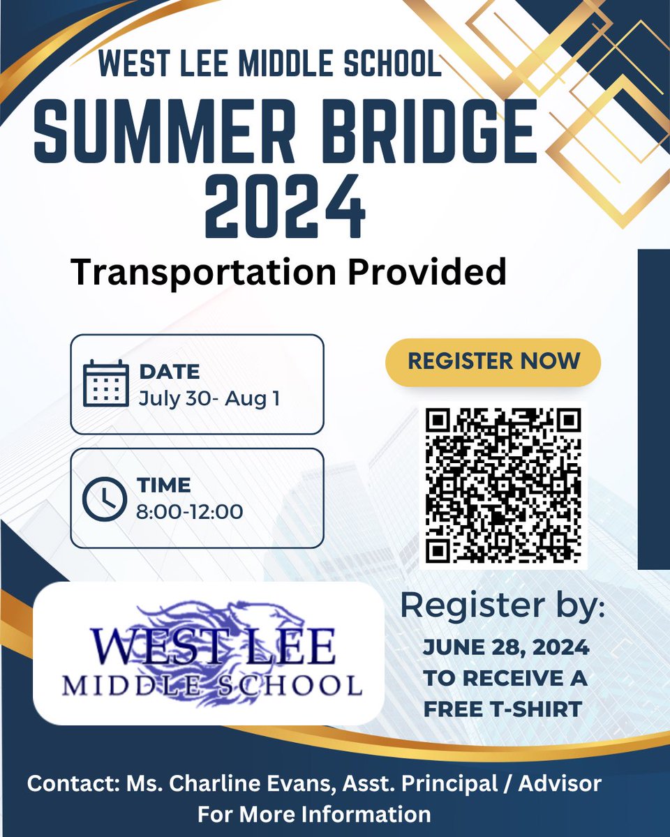 🗣️Sign up now for Summer Bridge ‘24! You don’t want to miss out on this wonderful experience!! Join the Pride Family!! 💙💛🦁 #WestLeePride #PrideRocks #SGLA <a href="/leecoschoolsnc/">Lee County Schools</a> <a href="/cdossenbach/">Chris Dossenbach</a> <a href="/WestLeeMSPride/">WestLeeMiddleSchool</a>