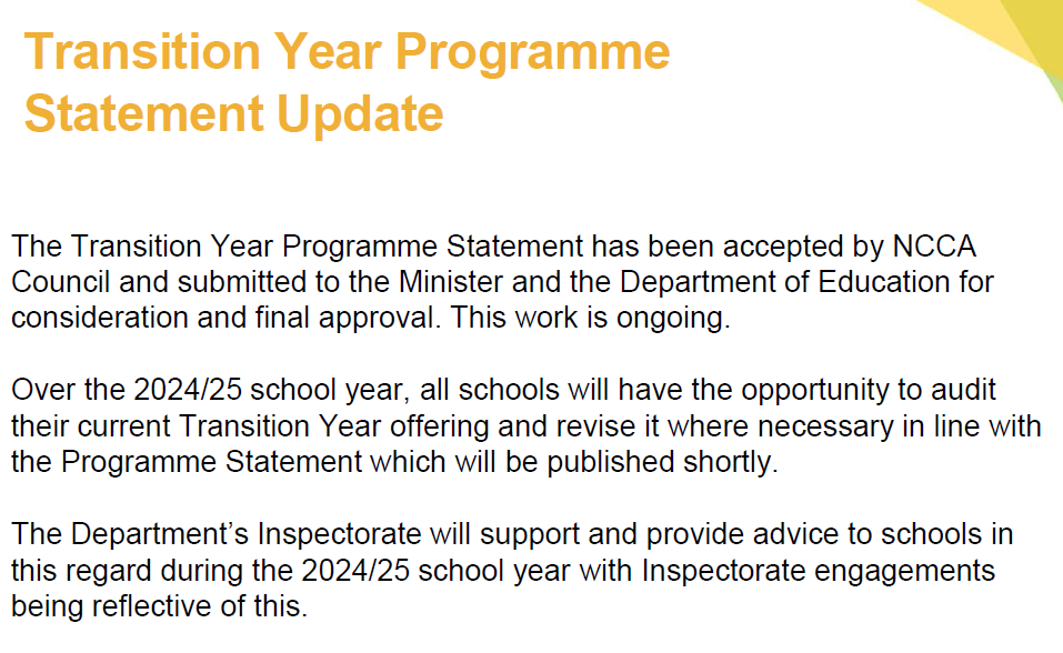 📢 Exciting update re. #TransitionYear SPHE
Over the 2024/2025 school year all schools will have the opportunity to audit their current TY SPHE offering and revise it where necessary.
#OideIreland