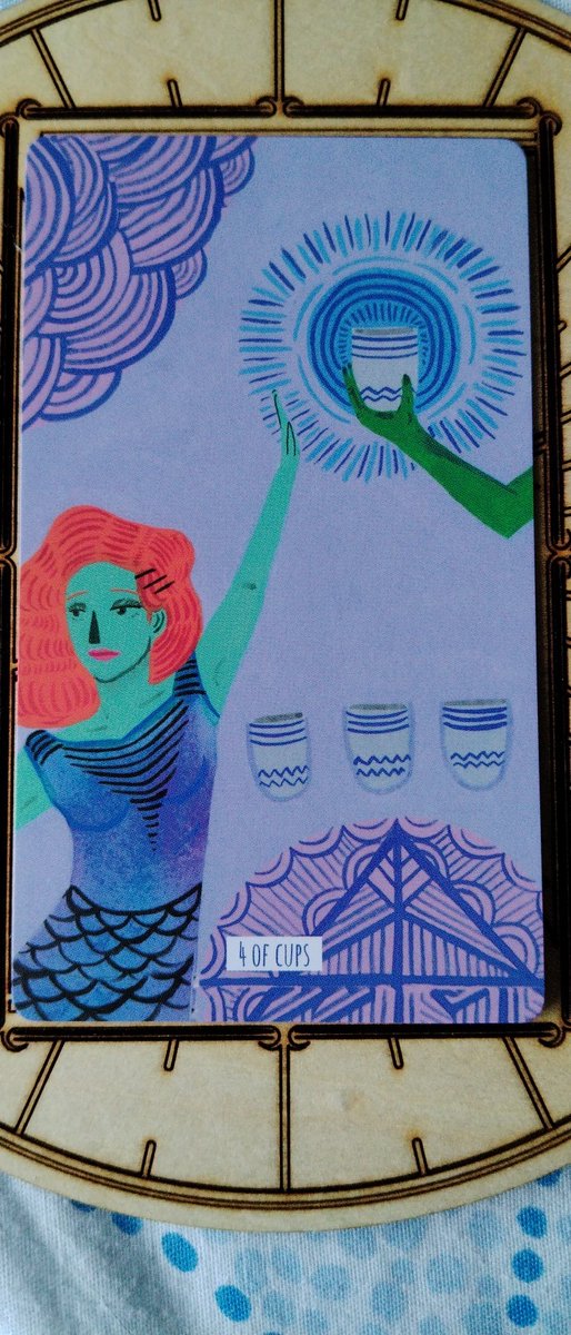 #tcotd 4 of Cups. You're bored with your cups! There's nothing new to learn about them. But, if you would only look around, there's a lovely new cup waiting for you. Don't get so fed up that you miss the good things around you. #howtodeal