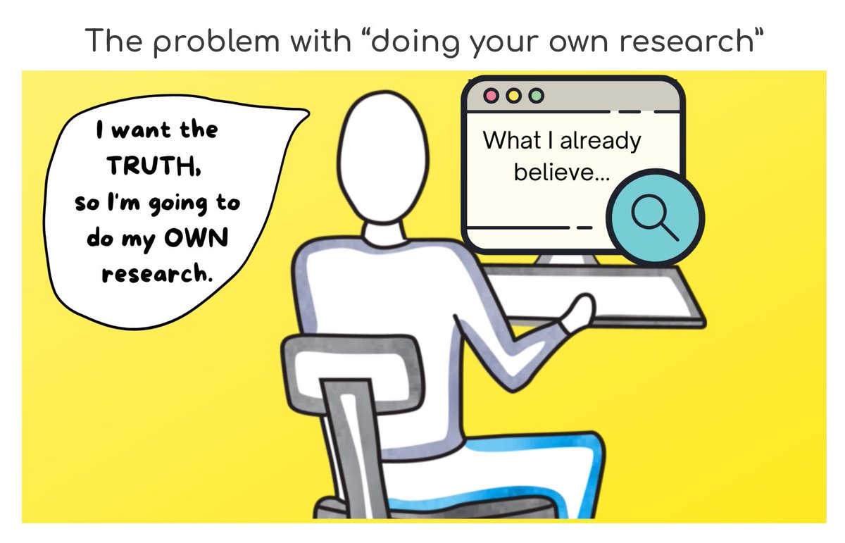 What’s wrong with “doing your own research”? It requires expertise in the topic and an awareness of your biases and motivations. Confirmation bias, misplaced trust, limited knowledge, & overconfidence is the perfect storm for being misled. More: thinkingispower.com/the-problem-wi…