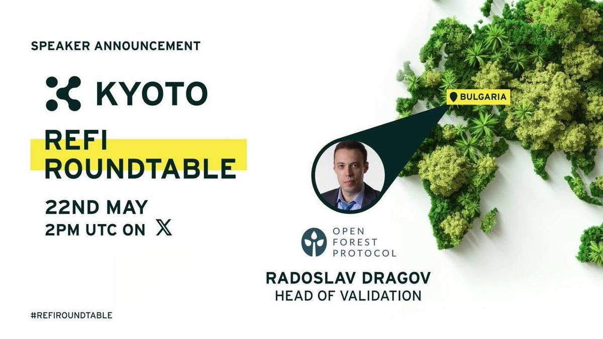 📢Panel News Just In!🚨 🎉Welcome to Radoslav Dragov from @OpenForest_! 🌳Open Forest Protocol is an #RWA protocol for on-chain #carbon markets 🪙 Save the date for the $KYOTO #RefiRoundtable👇 x.com/i/spaces/1vAxR… #KyotoBlockchain #Afforestation