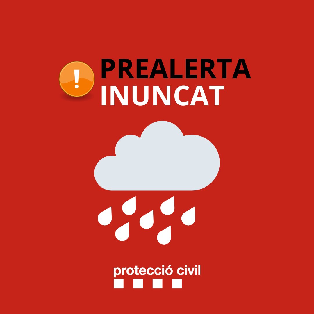 Prealerta #INUNCAT

Per la previsió de pluges i per l'avís de la @CH_Ebro de possibles increments sobtats dels cabals de lleres, rieres i rierols a la zona de #Tarragona i #TerresEbre

⚠ Extremeu les precaucions
