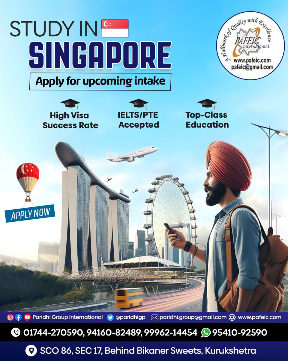Embark on your academic journey in Singapore! For detailed information, get in touch with us today. 🎓

To Know More Contact Our Experts
Contact Our Experts +91-94160-82489, +91-95410-92590
📍SCO 86, SEC 17, Behind Bikaner Sweets, Kurukshetra

#StudyInSingapore #EducationAbroad
