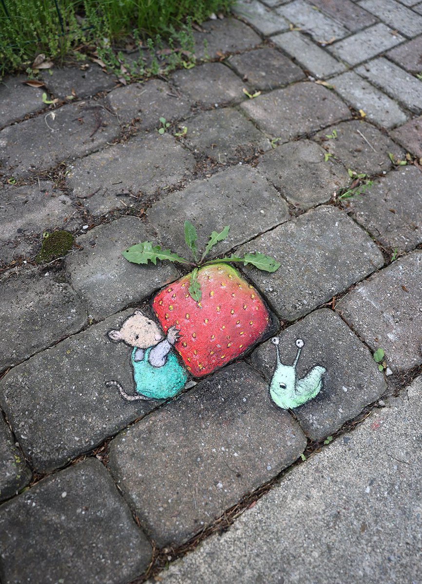 Fiona goes to great lengths to keep her heirloom strawberries away from the slugs. #StreetArt #SidewalkChalk #mouse #slug #gatekeeping