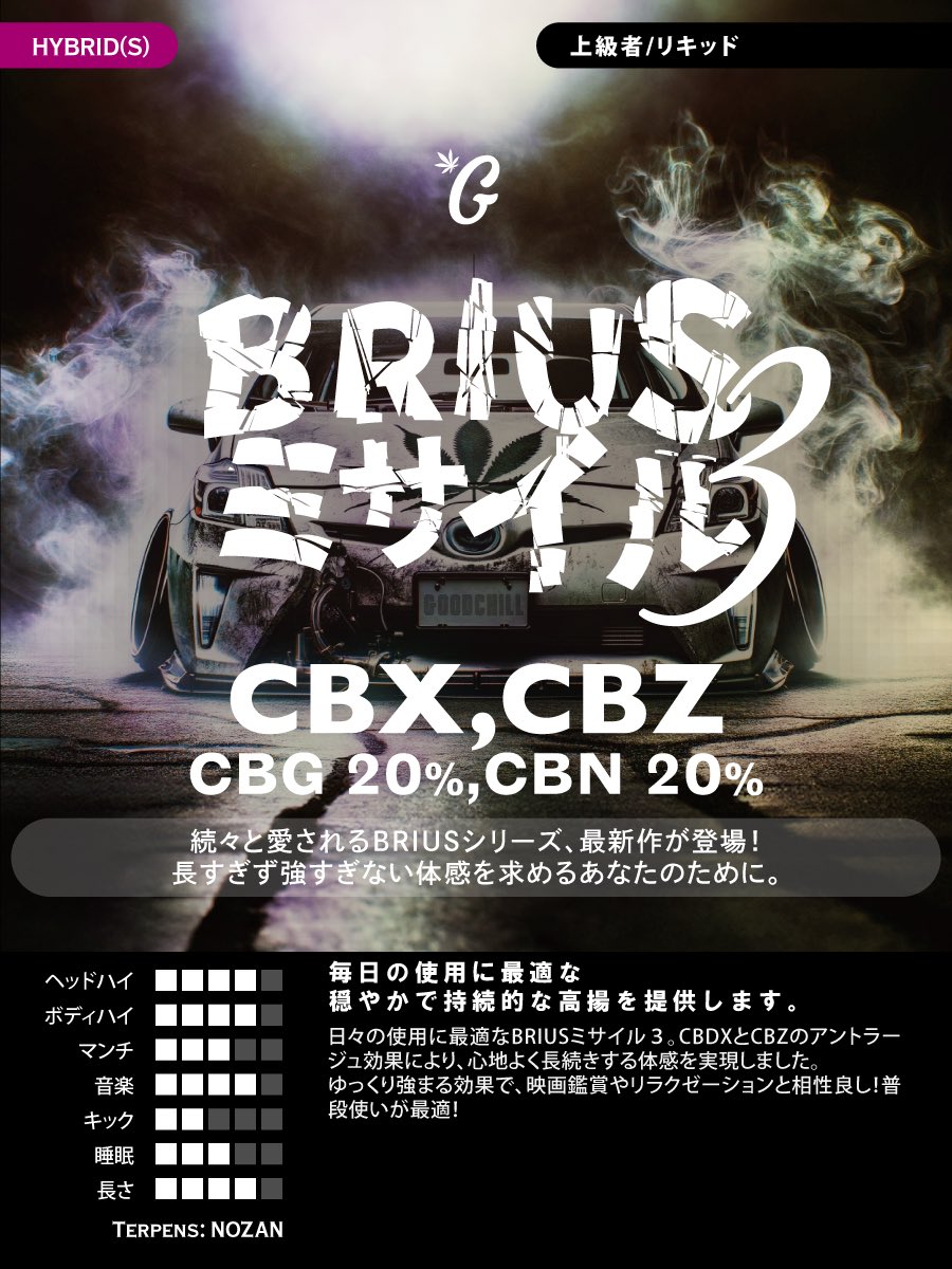 パワーアップして復活‼️【BRIUSミサイル3】🚗
従来シリーズに増して効き方エゲツないです💀

2種類の新成分をW配合✌️
耐性ついてしまった方でもブリブリに🔥

トップまでの伸びがかな〜りホンモノに近いため勘ぐり注意🤫🥦