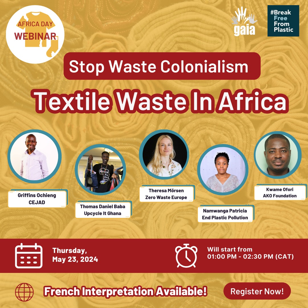 Join us for our #AfricaDay webinar on #textilewaste! 🗓️May 23, 1pm CAT -Fossil fuels, plastic & fast fashion -Textile #wastetrade in 🇬🇭🇰🇪 -Environmental & community impact -African #wastepickers' role -EU textile waste laws -Solutions us06web.zoom.us/meeting/regist… #StopWasteColonialism