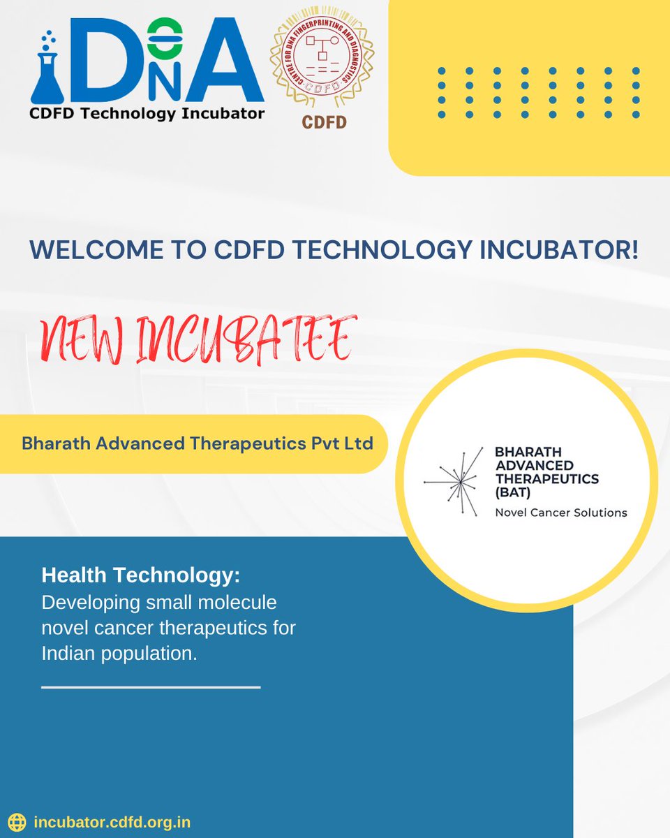 Welcoming 'Bharath Advanced Therapeutics Pvt Ltd' to @incubator_cdfd!

#BAT is a startup focused on bringing novel cancer therapeutics to market in India.

#CDFDTechnologyIncubator #InnovationHub #StartupOnboarding #therapeutics #entrepreneurship #incubation #startups #healthtech