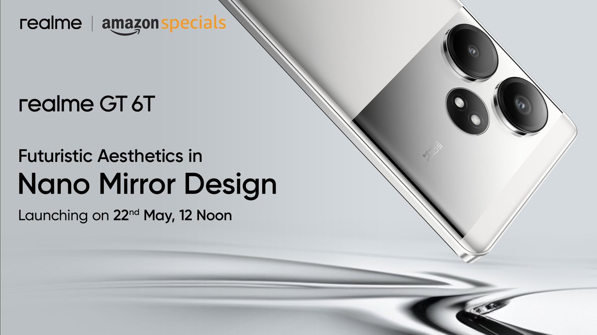 Emerging from the sea of silver glory and sleek precision, #realmeGT6T is a sight to look at. Dive into the futuristic aesthetics of the #TopPerformer with Premium Nano Mirror design. Launching on 22nd May, 12 Noon on @amazonIN Know more: bit.ly/4aC6xsd