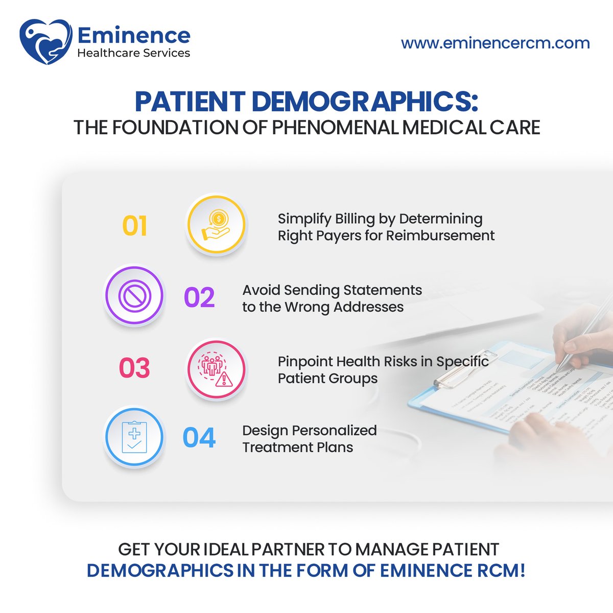 According to Black Book Research about 35% of denied claims result from inaccurate patient identification. 
Looking for an Ideal Outsourcing Partner for Patient Demographics Service?
Eminence RCM is your answer!

#EminenceRCM #Healthcare #MedicalBilling #RevenueCycleManagement