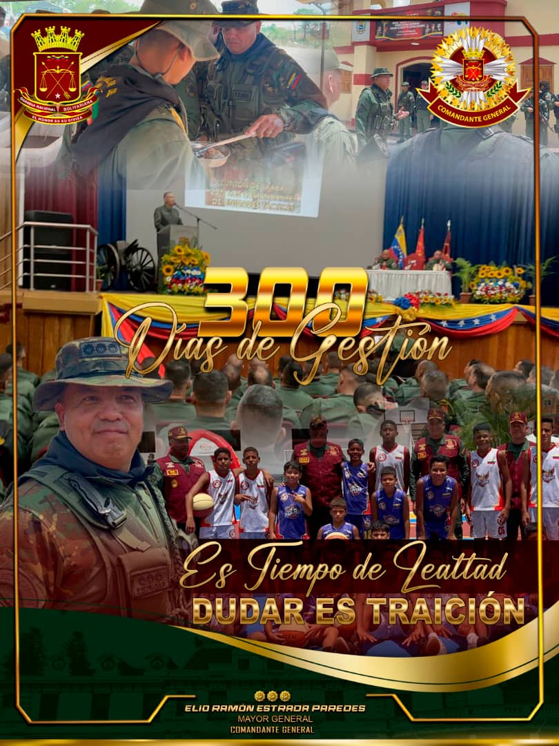 #17May 🛑 Nuestro MG @ElioEstrada18 Comandante de la invencible Guardia Nacional Bolivariana suma más de #300DiasDeGestión comprometido con la defensa de la patria y el bienestar de nuestro pueblo venezolano.

¡LEALTAD ABSOLUTA!
@GnbGaranteDePaz