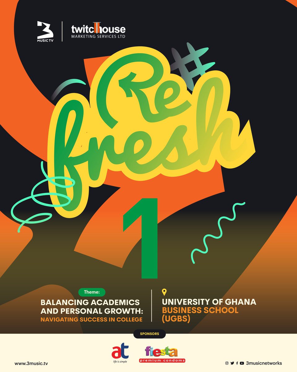 🚨: Just 1 day until #3MusicRefresh! Tomorrow is the day to elevate your thinking, embrace new experiences, and take action toward positive change. 

Sponsors: @theatghana | @FiestaCondomsGH  | Finsa UGBS

Last chance to register: 3music.tv