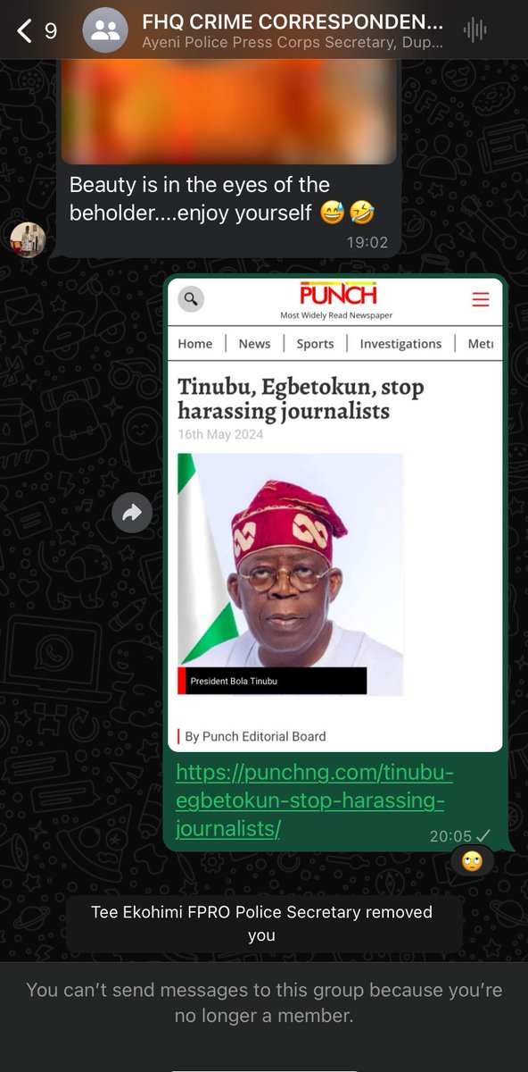 .@Princemoye1, can you tell Nigerians why you ordered your Secretary to remove me from the Police WhatsApp group meant for journalists covering the police to relate with the @PoliceNG through the FPRO, over a @MobilePunch Editorial urging the police to stop harassing journalists?