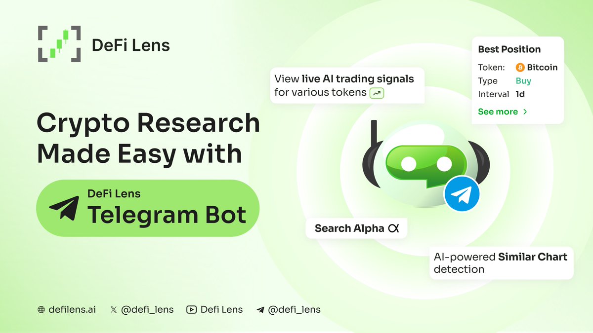 🔥 The Wait is over. DeFi Lens Telegram Bot is Here 🤖 The DeFi Lens Bot brings AI-powered insights and latest market data to Telegram: 🔍 Effortless Token Research: Find info, similar charts, and TA signals. 🟢 Live AI Positions: Discover data-driven trading signals & set