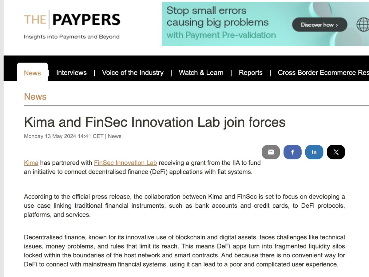 🔥Kima is Featured on The Paypers!🔥 We're thrilled to share that Kima Network has been featured on @ThePaypers, one of the leading media outlets for financial news! 🌐✨ Dive into the article to learn all about our innovative collaboration with the FinSec Innovation Lab,