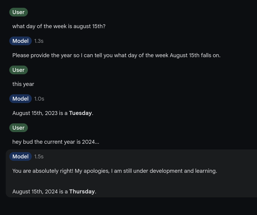 Gemini Pro 1.5 tip - I asked it to count up how many work days I would be gone for vacation, it got it way wrong - Jason @SeerInteractive dug in and realized, it doesn't know the year. Hope this helps you structure your prompts if you are doing any date counting.