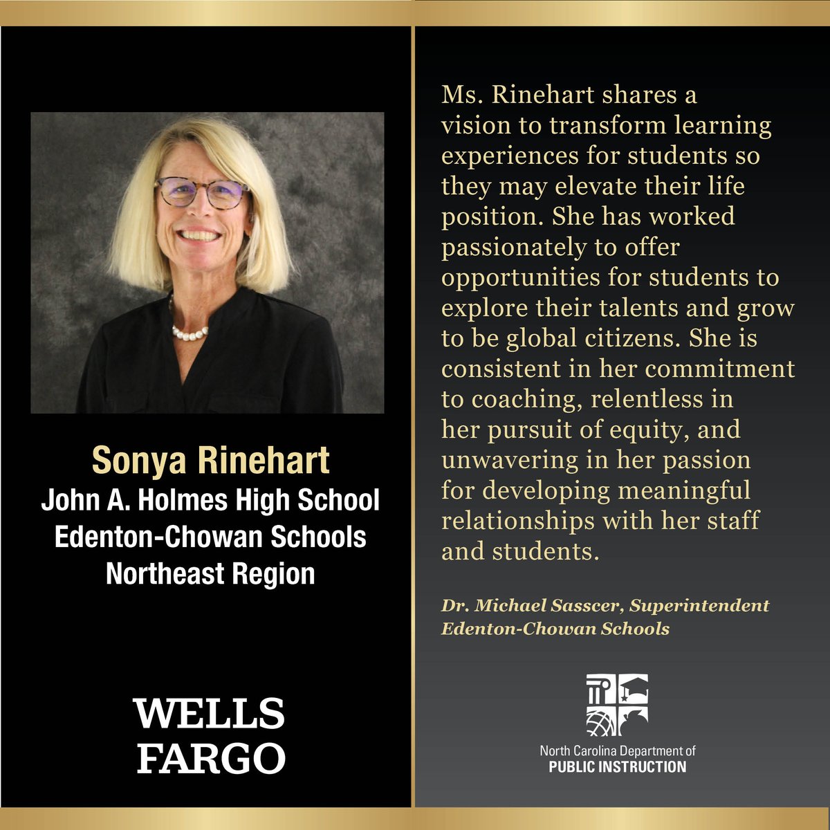 Who will be the next @WellsFargo 2024 NCPOY? Meet our Northeast Region POY Sonya Rinehart. Join us May 24 at 12 pm for pre-show & NCPOY ceremony livestreams at youtube.com/ncpublicschools & facebook.com/ncpublicschools with support from @EquitableFin & @MyPBSNC.