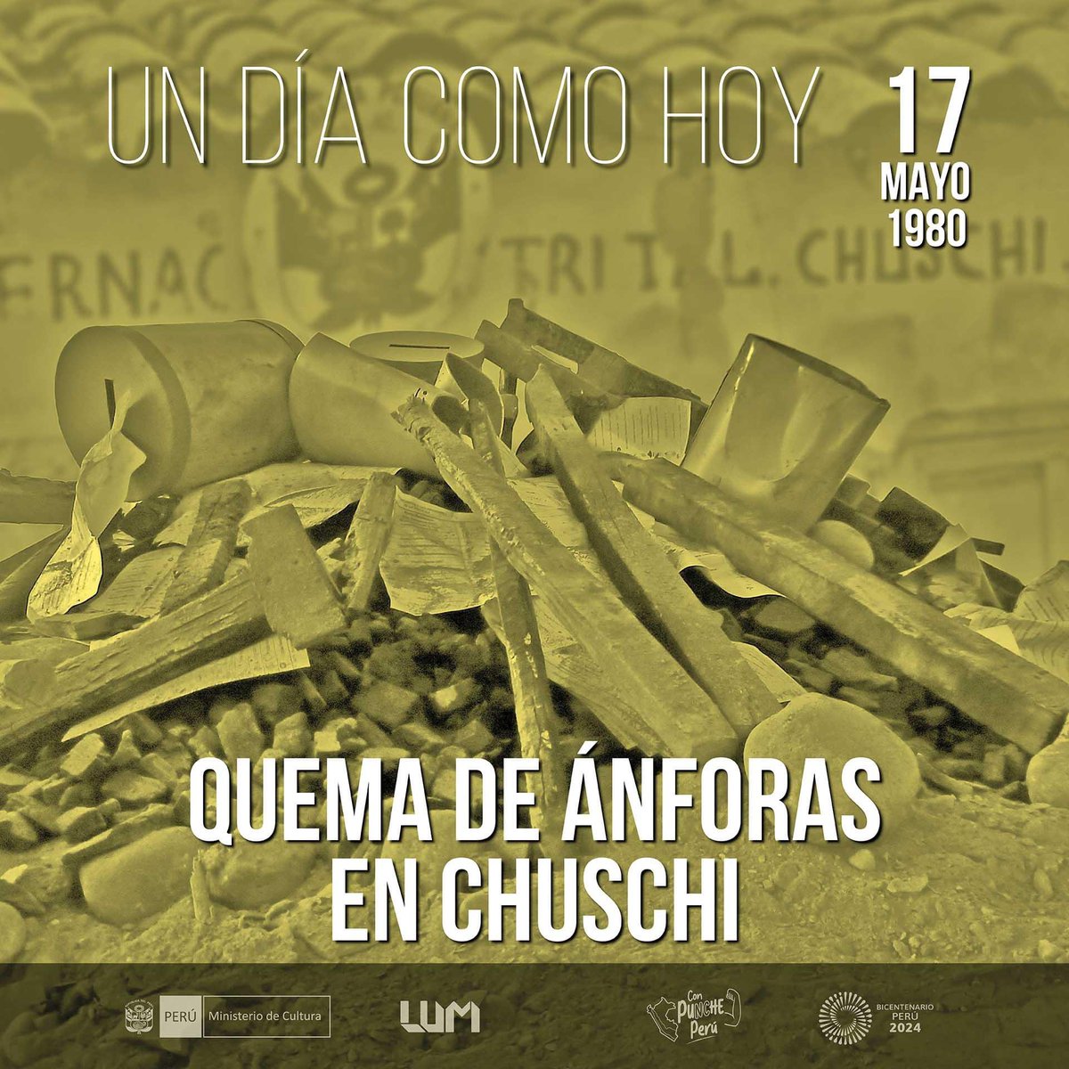 #UnDíaComoHoy,la organización terrorista Sendero Luminoso realizó su primer ataque en la comunidad de Chuschi (Ayacucho),el 17 de mayo de 1980, al quemar las ánforas electorales,atentando contra la democracia y dando inicio al terror que acabaría con la vida de miles de peruanos.