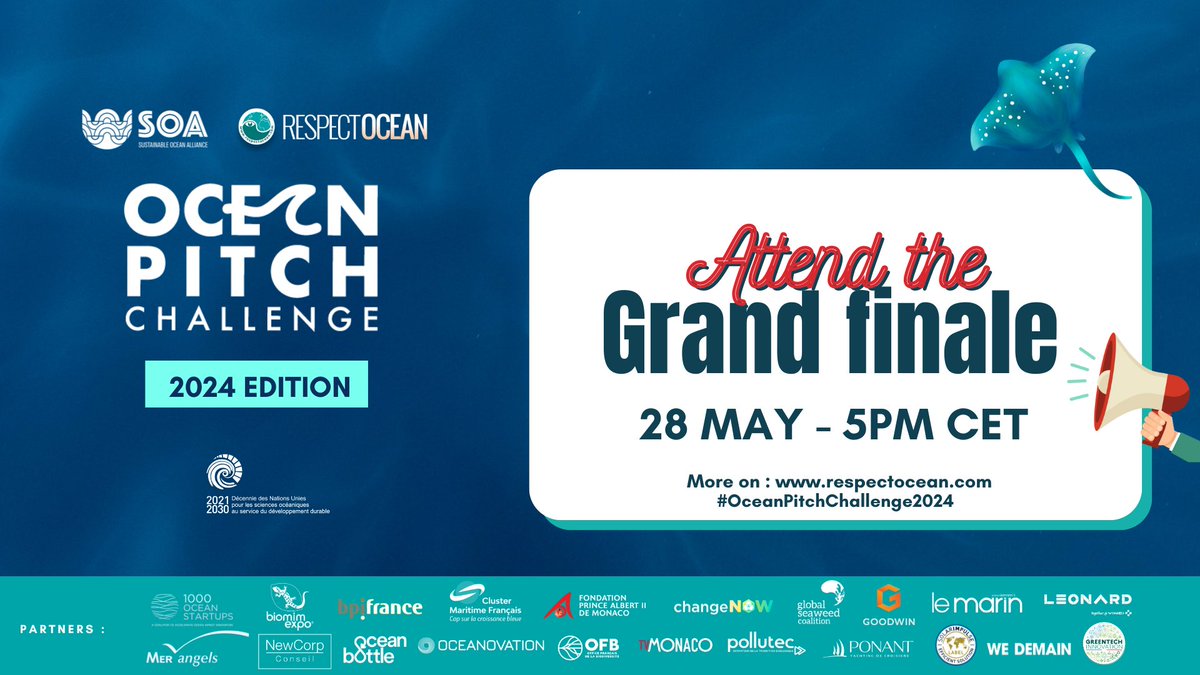 🏆 #OceanPitchChallenge2024: Who will be the 3 grand winners of the 2024 edition?
👉Attend the final on 28 May(online) to discover the 10 finalists & the 2024 winners : bit.ly/3GqzLxZ
#innovation #ocean #impact
@Respect_Ocean @SOAlliance @genevieve_pons  @BenjaminThewise