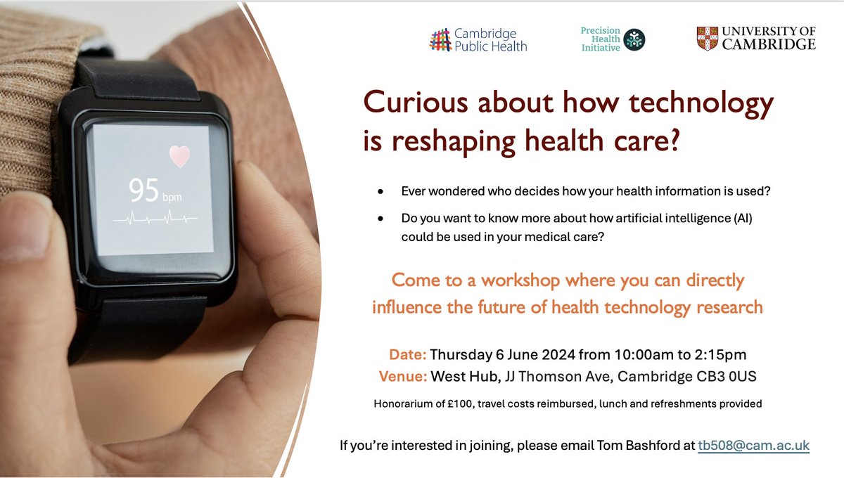 Curious about how technology is reshaping health care?

@CambridgePHI and Cambridge Public Health are working together to explore how health technology and information can be used to improve health care. Join us at a special workshop on 6 June.

Read more: cph.cam.ac.uk/events/worksho…