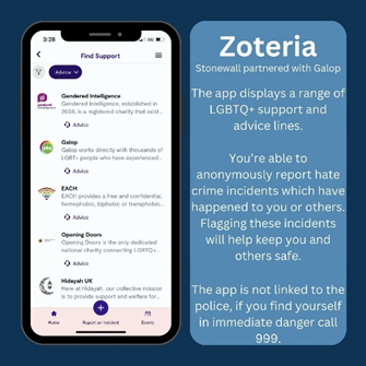 Zoteria is an app developed by @stonewalluk in partnership with @GalopUK to help report and support LGBTQ+ hate incidents. We can support LGBTQ+ individuals through their experiences of crime 💙 📞0300 30 30 159 📞Support Line: 08 08 16 89 111 💻victimsupport.org.uk/live-chat