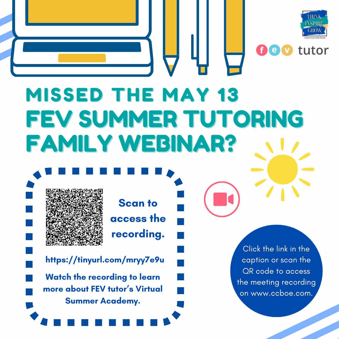 Missed the FEV summer Tutoring parent information session? View the recording on the Virtual Summer Academy page at, tinyurl.com/mryy7e9u.