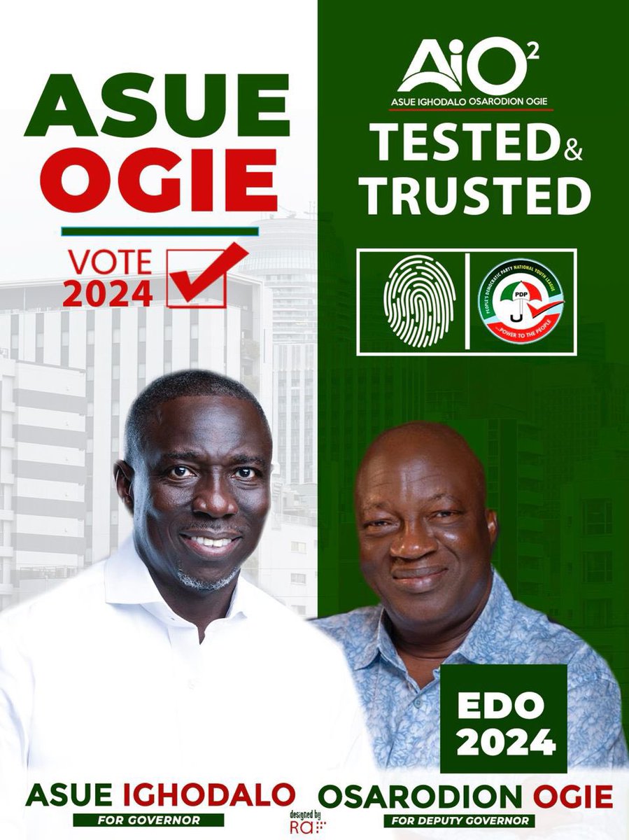 It is imperative for Edo people to rally behind the candidacy of Dr. Asue Ighodalo & Osarodion Ogie to secure a brighter tomorrow for the state. Let's run with the Men Wey Sabi💯 #AiO² 

#AsueIghodalo2024
#AsueOgie2024