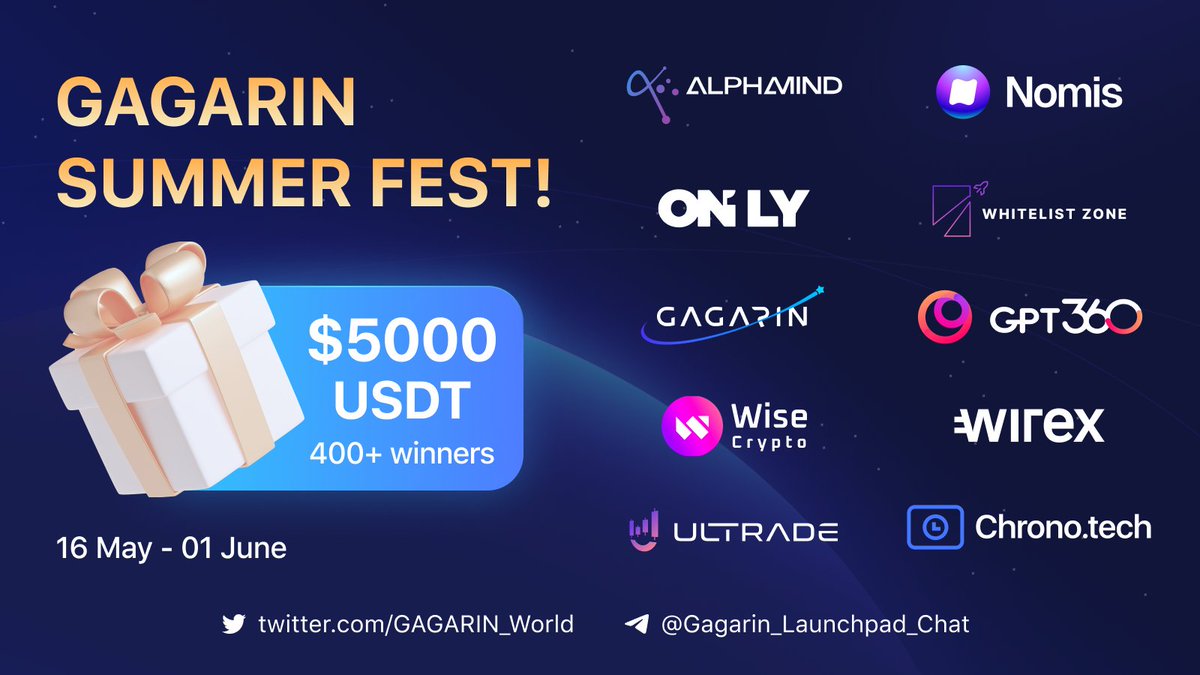 🔥 $5,000 #giveaway on TaskOn! Gear up for Gagarin Summer Fest & join the fun with 10 Top Projects! 🏆 $5,000 worth of USDT 🗓️ Dates: 16 May - 01 June 📍 Jump in now & grab your reward: taskon.xyz/campaign/detai… 🌐 Meet our partners: @Alphamind_labs @WiseCrypto_ @ChronotechNews
