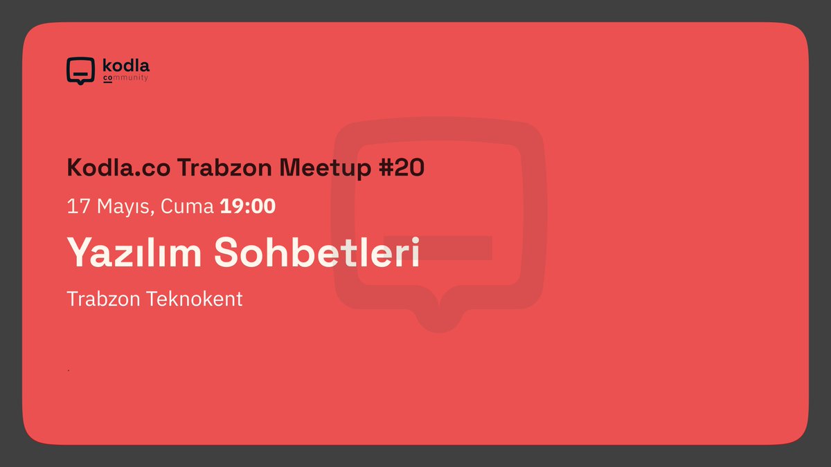 Kodla Meetup #20'de Yazılım Sohbetlerinde buluşuyoruz 🚀 

Yazılım ve teknoloji alanında son gelişmeleri, yenilikleri konuşacağımız etkinliğimiz Trabzon Teknokent Toplantı Salonu'nda gerçekleştirilecektir.   

Tüm Kodla Severleri bekliyoruz;

Kayıt için: kommunity.com/kodla-co/event…