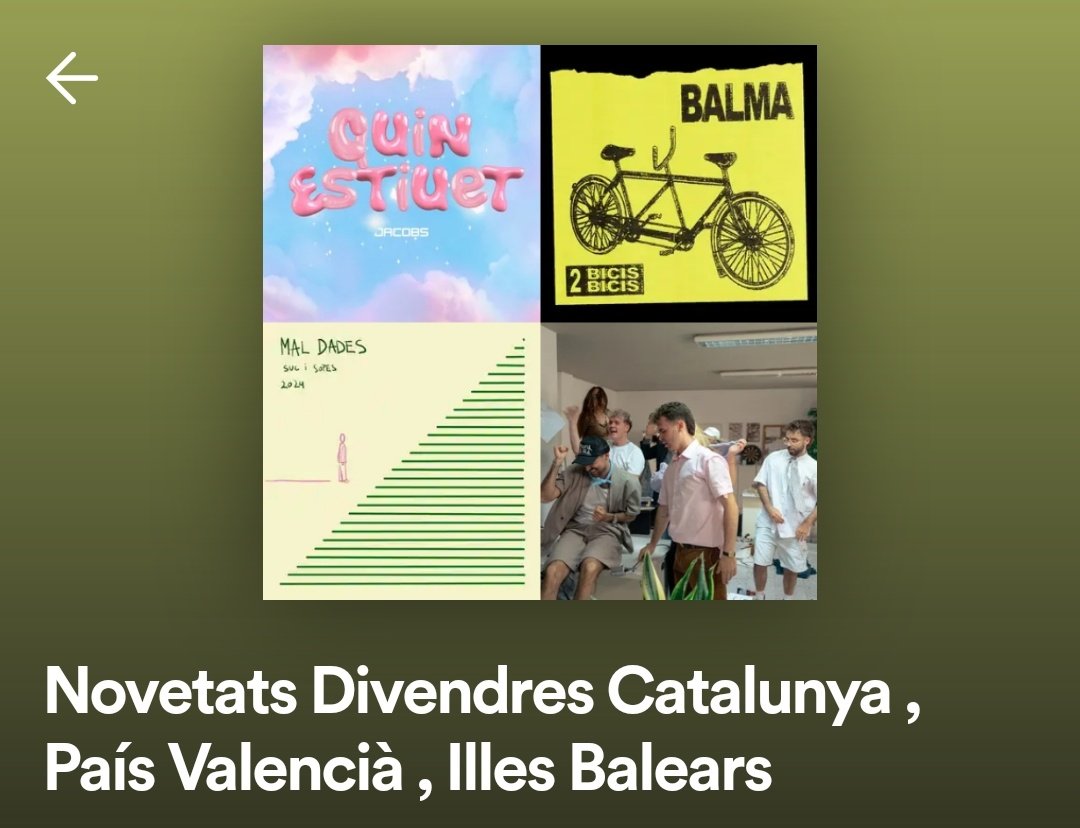 Les millors novetats en català d'aquesta setmana, ja a la playlist
open.spotify.com/playlist/2Rqh9…
Cançons de <a href="/__JACOBS/">Jacobs</a> #balma <a href="/sucisopes/">Suc i Sopes</a> <a href="/pol_bordas/">Pol Bordas i Vert</a> <a href="/figaflawas/">Figa Flawas</a> <a href="/au_rora_music/">Au Rora</a> #vernat @juuls98 <a href="/sopadecabra/">Sopa de Cabra</a> <a href="/bethrodergas/">Beth Rodergas</a> <a href="/CalaVento/">Cala Vento</a> <a href="/xeniapaez_/">Xènia</a> <a href="/msalass_/">msalas</a> <a href="/francinagorina/">Francina Gorina</a> <a href="/AnegatsOficial/">Anegats oficial</a> ..