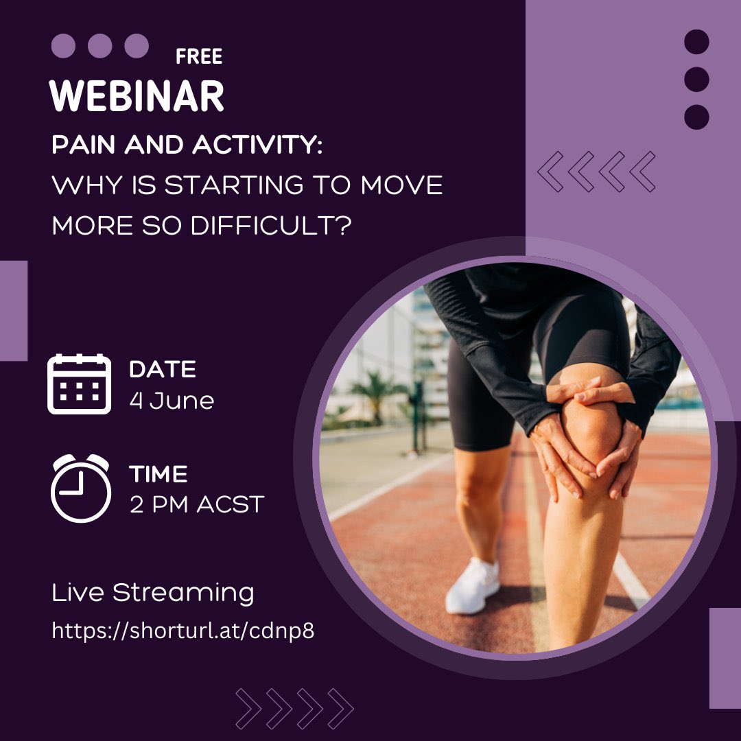 Do you have pain? Or treat people who have pain? Want to know more about things that can influence our choice (and ability) to move? Join us for a free webinar on JUNE 4th featuring researchers from the Persistent Pain Research Group @sahmriAU and @iimpact_health @UniversitySA