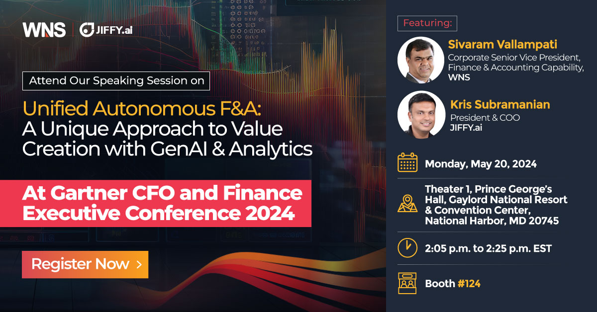 Attend this year's Gartner CFO and Finance Executive Conference with WNS. Don’t miss the engaging discussion between WNS and @Jiffyai's leaders on achieving autonomous accounting with predictive insights and forecasts. Explore: bit.ly/FEC3_T