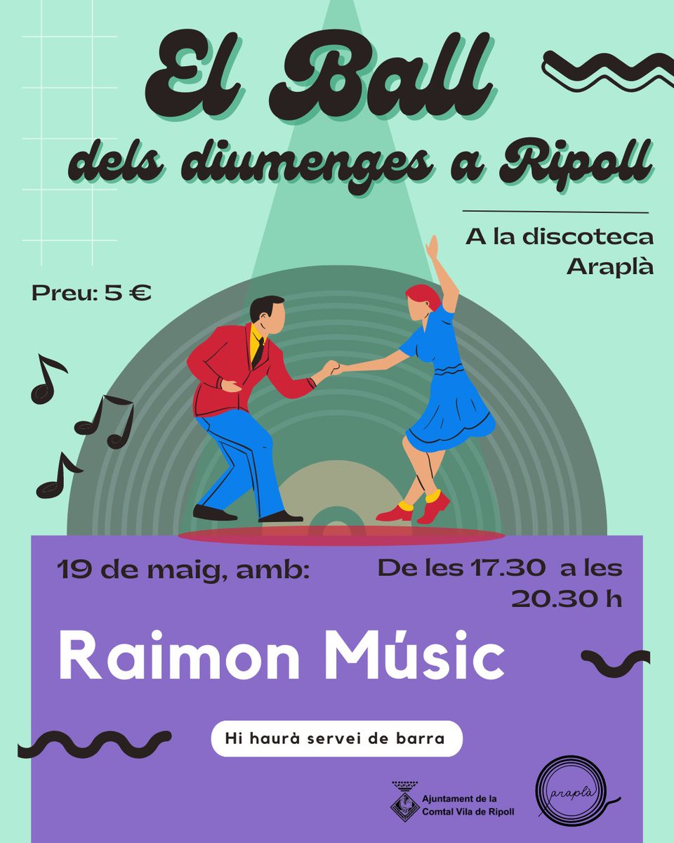 🪩 Aquest diumenge, nova sessió de Ball a #Ripoll, amb Raimon Músic. 🗓️ 19 de maig 🕒 17.30 h 📍 Discoteca Araplà (passeig del Tèxtil)