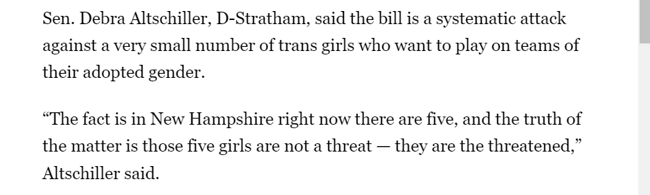 NH Senator Debra Altschiller insists that only five trans-identifying boys compete in girls' sports NH. How can she know unless she's inspected the genitals of every athlete? @DebrasATeam #NHPolitics