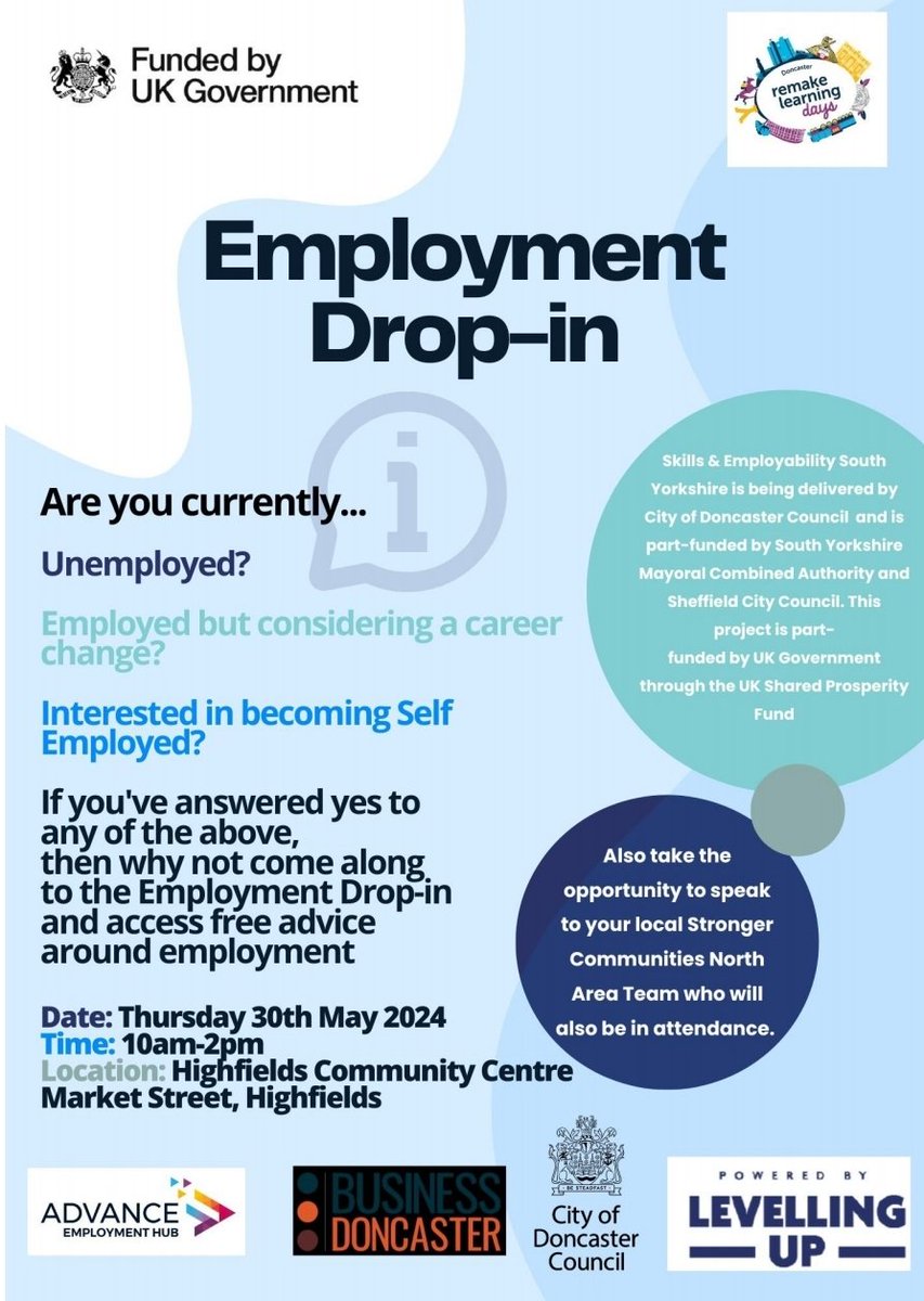 Your Life Doncaster - North Area (@communitiesnor1) on Twitter photo Looking for advice around employment π? Then why not come and see us at this Employment Drop-in Event on 30th May at Highfields Community Centre 10am-2pm. <a href="/MyDoncaster/">City of Doncaster Council</a> <a href="/Advance_DN/">Advance Doncaster</a> <a href="/BusinessinDN/">Business Doncaster</a> <a href="/remakelearning/">Remake Learning</a> #doncasterisgreat #RemakeDaysDoncaster Looking for advice around employment π? Then why not come and see us at this Employment Drop-in Event on 30th May at Highfields Community Centre 10am-2pm. <a href="/MyDoncaster/">City of Doncaster Council</a> <a href="/Advance_DN/">Advance Doncaster</a> <a href="/BusinessinDN/">Business Doncaster</a> <a href="/remakelearning/">Remake Learning</a> #doncasterisgreat #RemakeDaysDoncaster