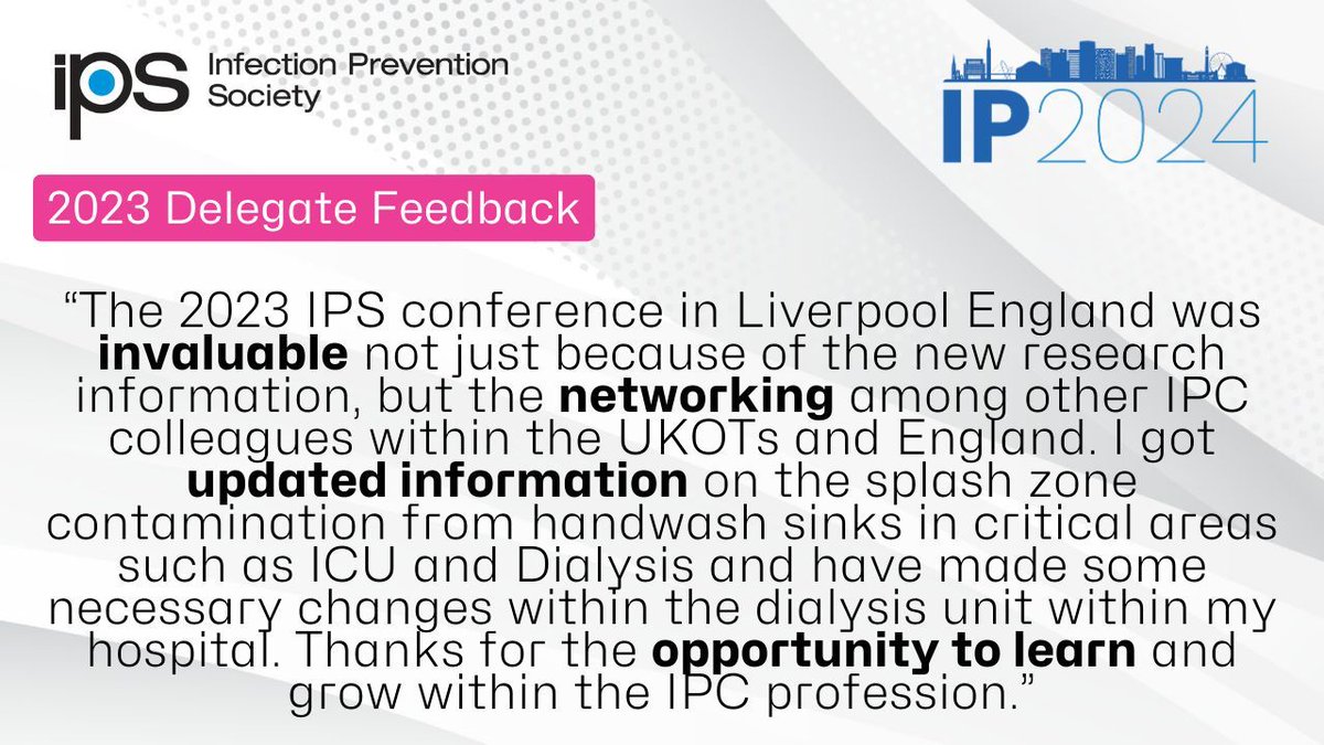 #IP2024Conf has international appeal “I got updated information on the splash zone contamination from handwash sinks in critical areas and have made some necessary changes within the dialysis unit within my hospital. Thanks for the opportunity” Join us: buff.ly/3SPLVFS