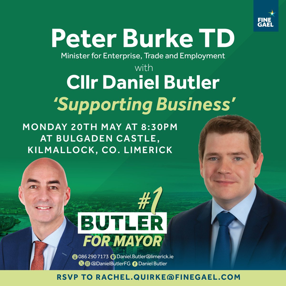 I will be joined by Minister @peterburkefg next Monday at 8.30pm in Bulgaden Castle, Kilmallock to talk about Backing Business in Limerick. Looking forward to seeing you there! #ButlerBackingBusiness #ButlerForMayor #LimerickMayor