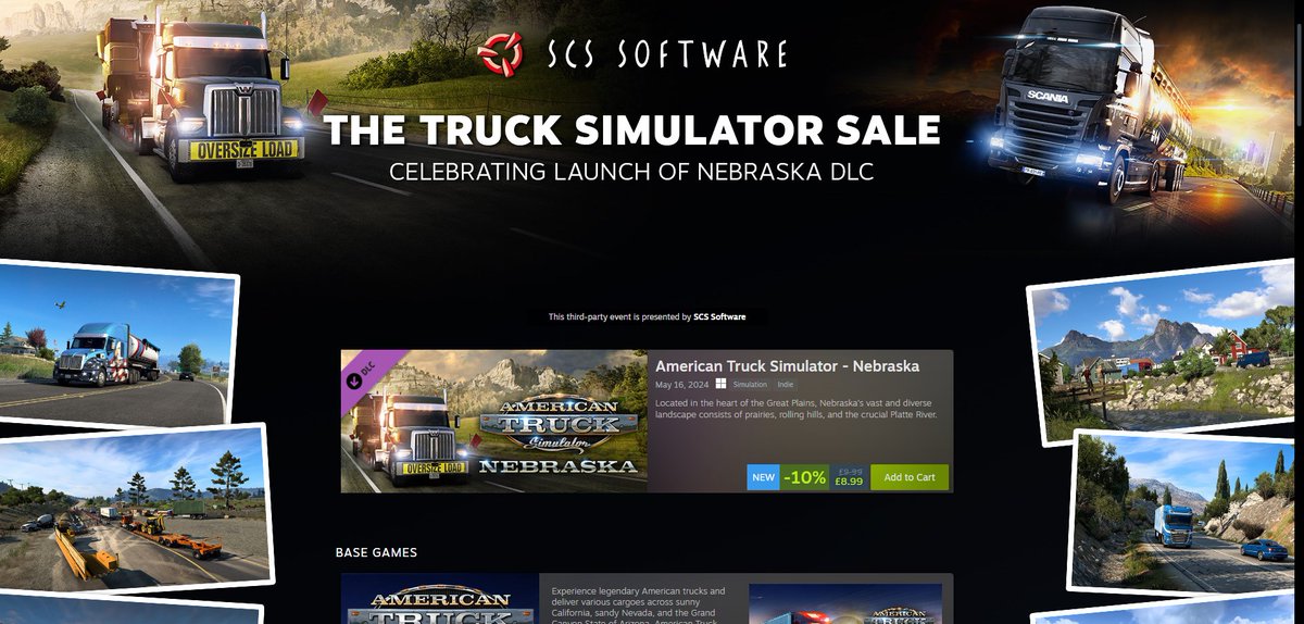 To celebrate the launch of the Nebraska DLC for American Truck Simulator, we're having a Sale on Steam across our catalogue! 😍 Looking to pick up that missing map expansion? or haul new cargoes? 🚛 Check out the dedicated Steam page here: store.steampowered.com/developer/SCSs…