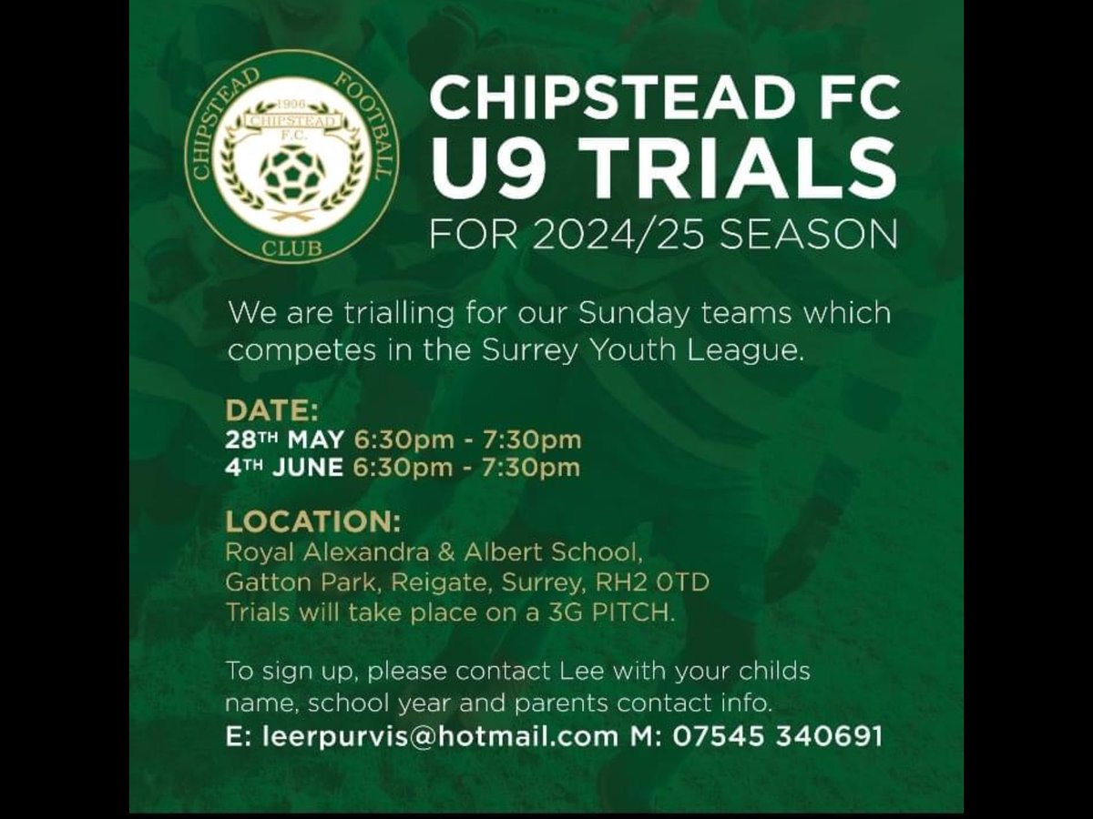 Please tell anyone you think may be interested in these trials too @ChipsteadFCU18