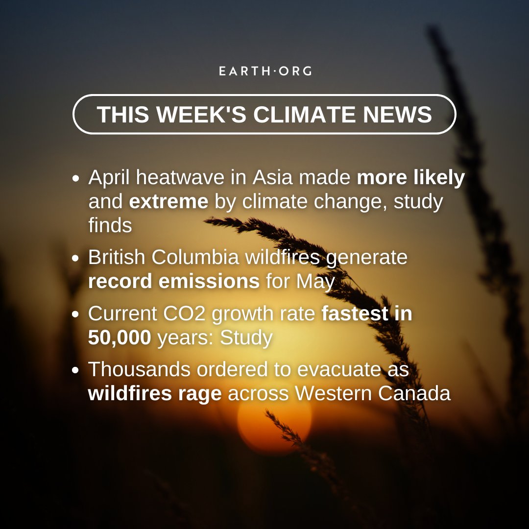 Top Climate News of the Week 💢

Full Article: earth.org/week-in-review…

#earthorg #earth #ClimateChange #HeatwaveInAsia #BCWildfires #RecordEmissions #FastestCO2Growth #WesternCanadaWildfires #Evacuations #WildfireEmissions #AtmosphericCarbon #ClimateImpacts #CanadaWildfires
