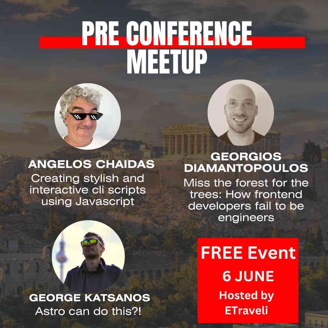 ⭐ CityJS Athens 2024 Conf pre-event: Meetup Community ⭐ 📅 June 6th 2024, starting at 7pm 📍 Etraveli Group 🔗meetup.com/angular-athens… What a great opportunity to meet representatives of 4 tech communities of Athens. #cityjs #techcommunity @cityjsconf