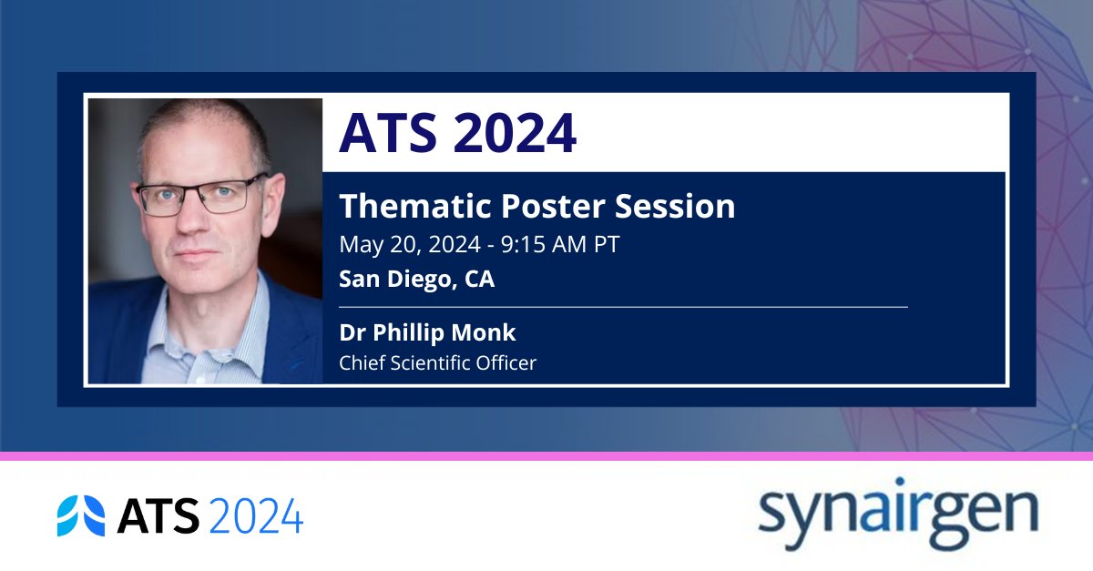 Synairgen (@synairgenplc) on Twitter photo For #Attendees #Media
Our Chief Scientific Officer <a href="/PhillMonk/">Phillip Monk</a> will be presenting a poster at the <a href="/atscommunity/">American Thoracic Society (ATS)</a> conference on Monday, 20 May in San Diego at 9:15 AM PDT in Area H (Hall H, Ground Level).
#ATS2024 #SNG #PosterPresentation For #Attendees #Media
Our Chief Scientific Officer <a href="/PhillMonk/">Phillip Monk</a> will be presenting a poster at the <a href="/atscommunity/">American Thoracic Society (ATS)</a> conference on Monday, 20 May in San Diego at 9:15 AM PDT in Area H (Hall H, Ground Level).
#ATS2024 #SNG #PosterPresentation